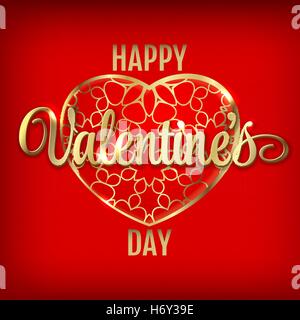 Valentines day greeting with red heart baloons and golden lettering on red shiny background- vector illustration Stock Vector
