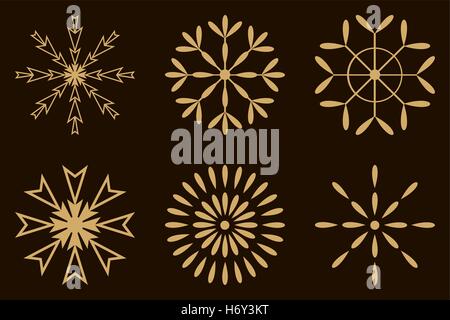 Christmas and winter design elements - Set of gold snowflakes icon isolated on black background, vector illustration Stock Vector
