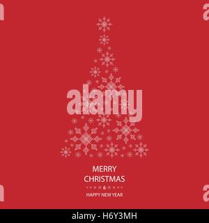 Christmas tree shaped from white snowflakes on red background with white text graphics Merry Christmas and Happy New Year Stock Vector