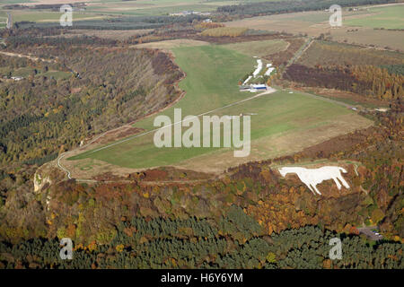 aerial view of Yorkshire Gliding Club at Sutton Bank & Kilburn White Horse, UK Stock Photo