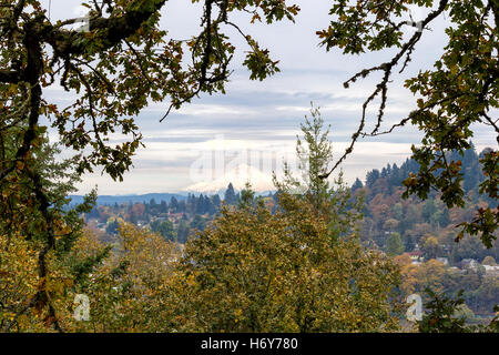 Mount Hood View from Willamette Falls Scenic Overlook along I-205 in Oregon Stock Photo