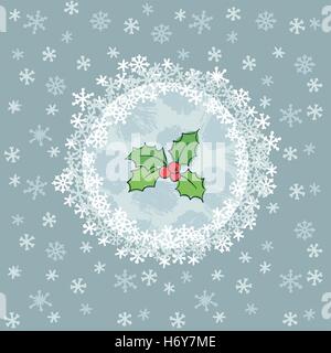 Christmas and New Year round frame with holly branch symbol. Doodle illustration greeting card. Stock Vector