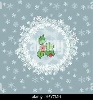 Christmas and New Year round frame with holly branch symbol. Doodle illustration greeting card. Stock Vector