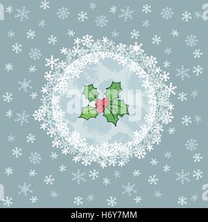 Christmas and New Year round frame with holly branch symbol. Doodle illustration greeting card. Stock Vector