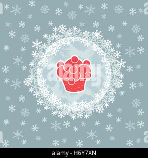 Christmas and New Year round frame with cupcake symbol. Doodle illustration greeting card. Stock Vector