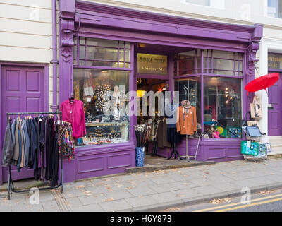 An antique and curio shop with elegant clothing on display Stock Photo