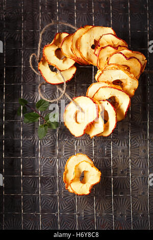 Dried apple slices hanging on string with dark metal backdrop Stock Photo