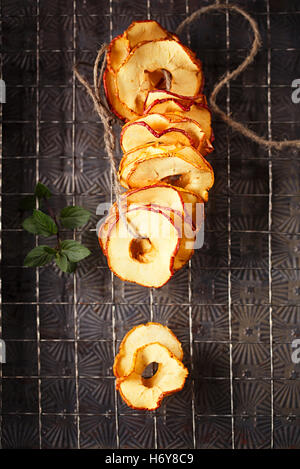 Dried apple slices hanging on string with dark metal backdrop Stock Photo