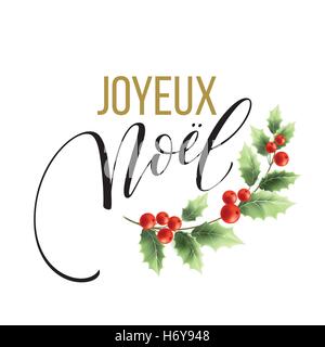 Merry Christmas card template with greetings in french language. Joyeux noel. Vector illustration EPS10 Stock Vector