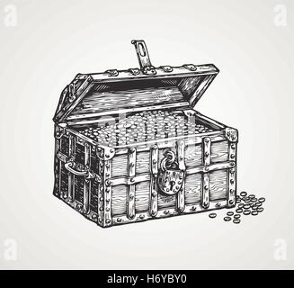 wooden chest with treasures. vintage sketch vector illustration Stock Vector
