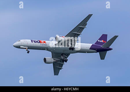 Airplane FedEx cargo jet flying at Huntington Beach Air Show Stock Photo