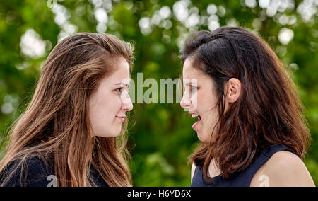 Two girls having a disagreement and argueing with one another Stock Photo
