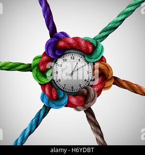Time nettwork social work coordination as a group of ropes tied and connected together to a central clock as a business organization metaphor or event planning icon with 3D illustration elements. Stock Photo