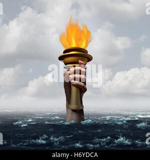 Holding the torch business metaphor as a hand that holds a flame that is sinking in water as a hope and perseverance concept for dependable insurance or courage and endurance with 3D illustration elements. Stock Photo