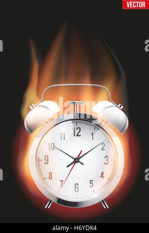 Burning alarm clock. Clock in flame. Classic silver design and gloss metal. Vector Illustration Isolated on background. Stock Vector