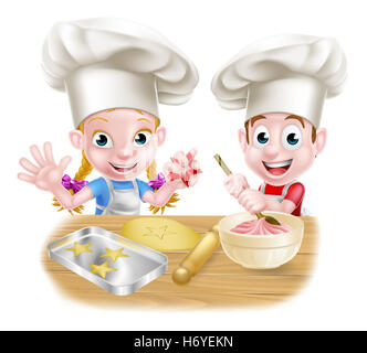 Cartoon chef baker kids baking and cooking as chefs in the kitchen Stock Photo
