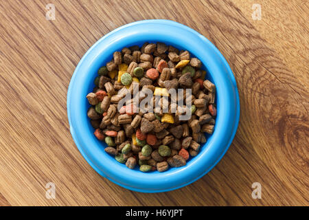 Dry cat food in blue bowl isolated on wood floor from above. Stock Photo