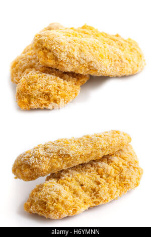 Collage of frozen bread crumbed chicken strips on white. Stock Photo