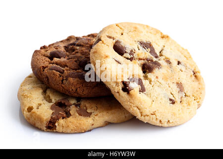Light and dark chocolate chip cookies isolated on white. In perspective. Stock Photo