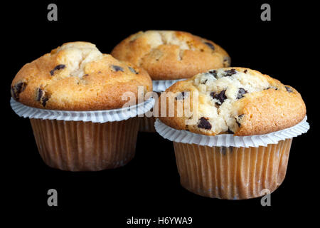 Three light chocolate chip muffins in wax liner on black. Stock Photo