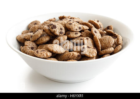 Bowl of chocolate chip cookies cereal isolated on white. Stock Photo