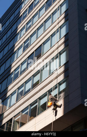 A worker washing windows on a building in Ottawa, Ontario, Canada. Stock Photo