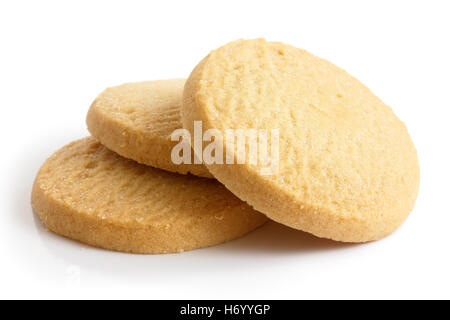 Three round shortbread biscuits isolated on white. Stock Photo