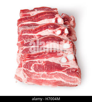Raw pork belly slices in row isolated on white background Stock Photo