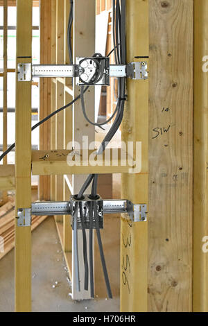 Telescoping box mounting bracket & accessories with electrical cabling installed in timber partitions in new timber framed UK Passive House Stock Photo