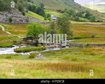 Slaters Bridge, Little Langdale, Lake District, Cumbria. 16th century slate three span packhorse bridge Stock Photo