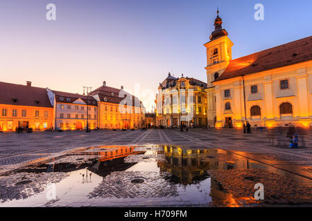 Sibiu, Romania. Large Square and City Hall. Transylvania medieval city. Stock Photo