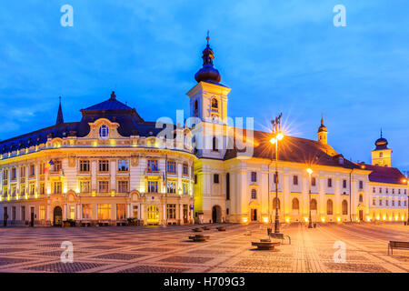 Sibiu, Romania. Large Square and City Hall. Stock Photo