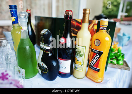 Hai, Ukraine - October 25, 2016: Diferrent bottles of alcoholic beverages on the buffet table Stock Photo