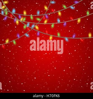 Multicolored garland christmas lights on red, silk background with falling snow. Stock Vector