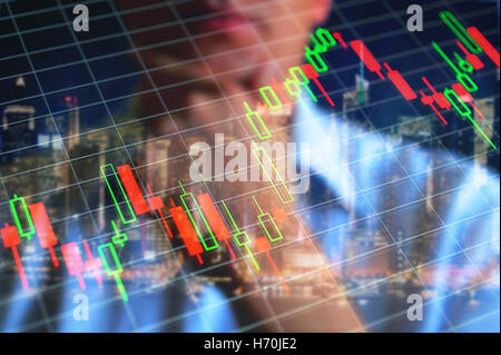 Stock market chart, stock market, financial market, forex, economy background. Person trader at background of screen with volatile stock market graph.
