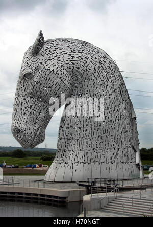 One of the two huge, outdoor Kelpie horse sculptures that sit on the Forth and Clyde canal in Helix Park, Falkirk, Scotland. Stock Photo