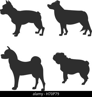 the square picture small group of black shadows of four thoroughbred dogs isoleted on the white background Stock Vector