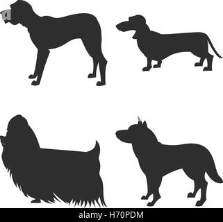 the square picture small group of black shadows of four thoroughbred dogs isoleted on the white background Stock Vector