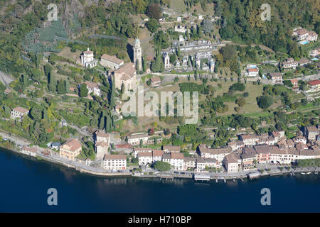 AERIAL VIEW. Picturesque lakeside town of Morcote. Lake Lugano, Canton of Ticino, Switzerland. Stock Photo