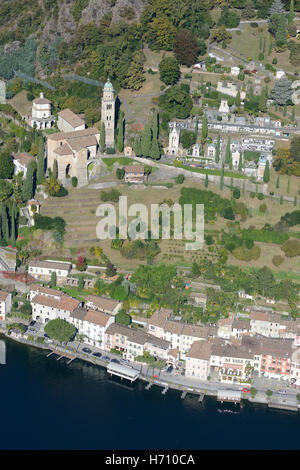 AERIAL VIEW. Picturesque lakeside town of Morcote. Lake Lugano, Canton of Ticino, Switzerland. Stock Photo