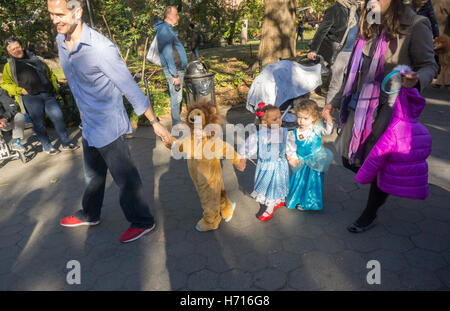 Participants in Washington Square Park in Greenwich Village in New York on Monday, October 31, 2016 march in the Children's Halloween Parade. The annual child and family friendly parade gathers in the park at the fountain. (© Richard B. Levine) Stock Photo