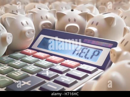 Solar calculator amid several piggy banks showing on the digital display the word 'HELP'. Stock Photo