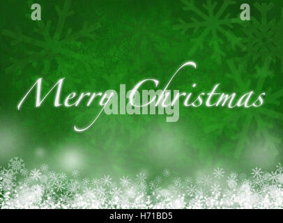 Merry Christmas card , text, snowflakes on green background Stock Photo