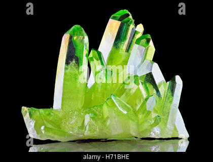 Rare shiny Green Quartz Titanium Aura Crystal cluster on black background Stock Photo