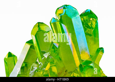 Rare shiny Green Quartz Titanium Aura Crystal cluster on white background Stock Photo