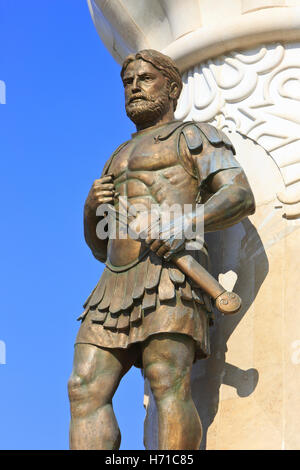 Closeup of a statue of a Macedonian warrior at the Philip II Fountain ...