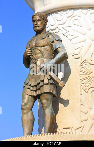 Closeup of a statue of a Macedonian warrior at the Philip II Fountain ...