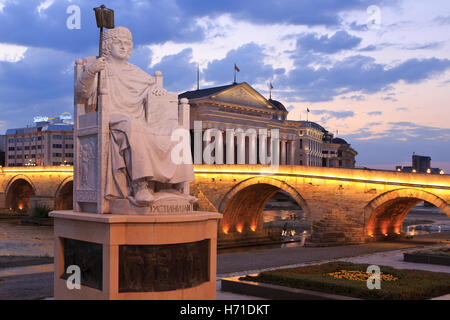 Statue of Byzantine Emperor Justinian I (482-565) near the Stone Bridge and Archaeological Museum in Skopje, Macedonia Stock Photo