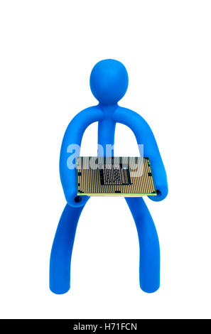 Blue rubber man keeps the processor isolated on white background Stock Photo