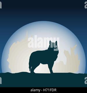 Detailed illustration silhouette wolf in front of the moon. Stock Vector